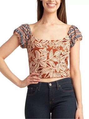 BCX crop top - boho feminine square neck puff sleeve blouse